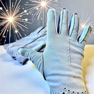 Vintage 60's Light Blue Fabric Gloves Nylon Womens 7.5
